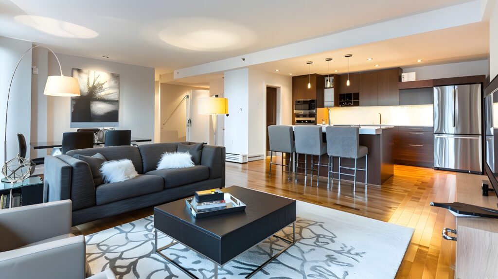 interior of modern, upscale apartment featuring an open kitchen and living room