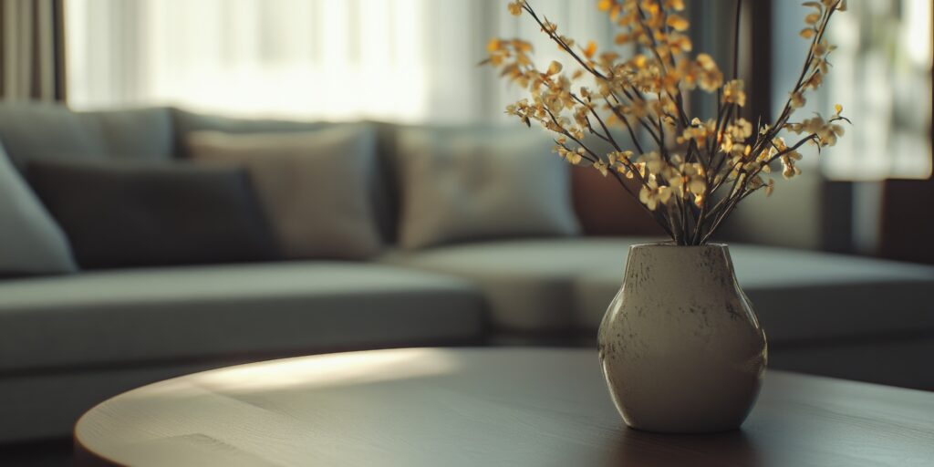 How to Stage Your Home.  Flowers in a vase on a table with a neutral color sofa in the background.