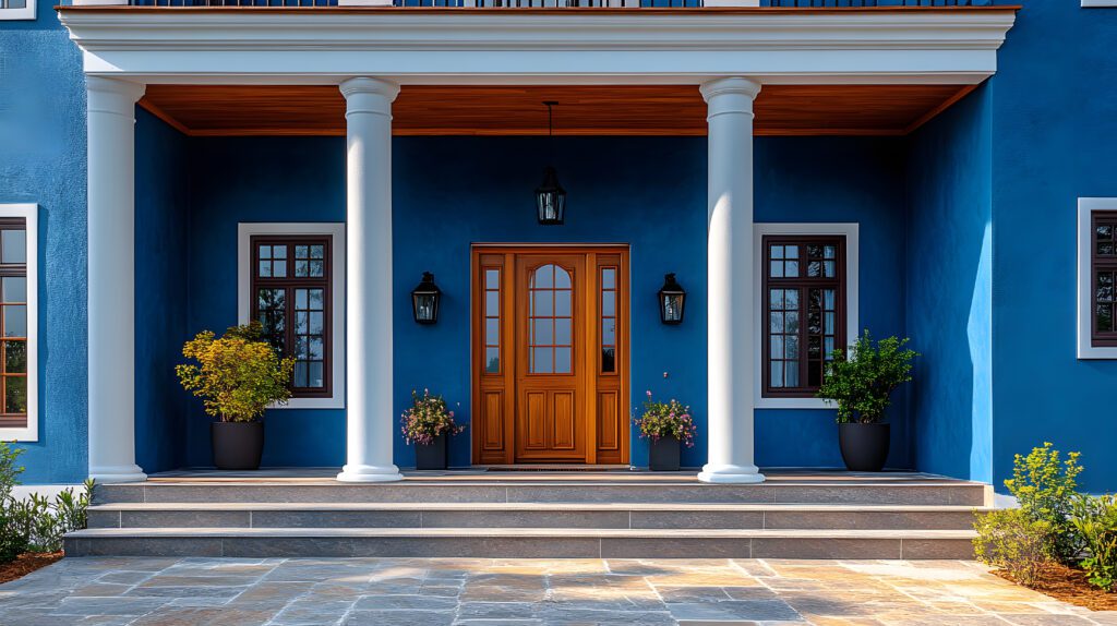 Front porch with white pillars and blue exterior paint and red door.