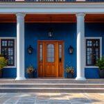 Front porch with white pillars and blue exterior paint and red door.