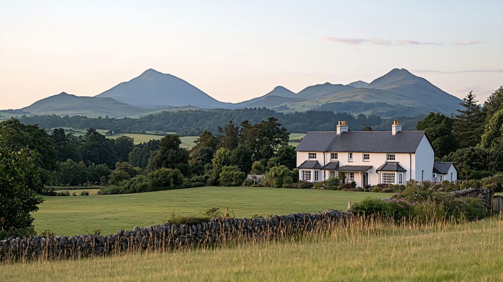 white farmhouse set with a backdrop of trees and mountains.